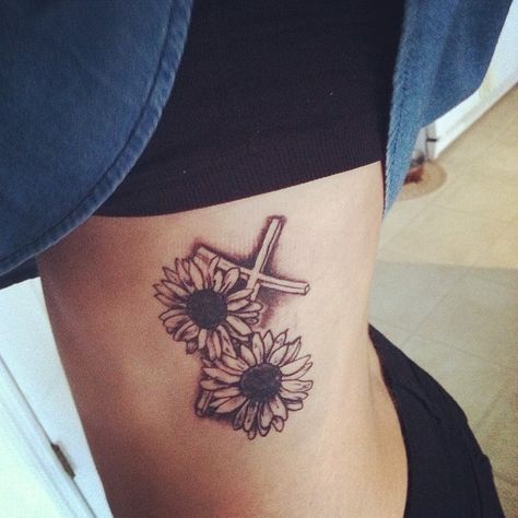 Sunflower Cross Tattoo, Antler Tattoos, Unique Cross Tattoos, Cute Thigh Tattoos, Cowgirl Tattoos, Small Girly Tattoos, Country Tattoos, Cross Tattoos For Women, Western Tattoos