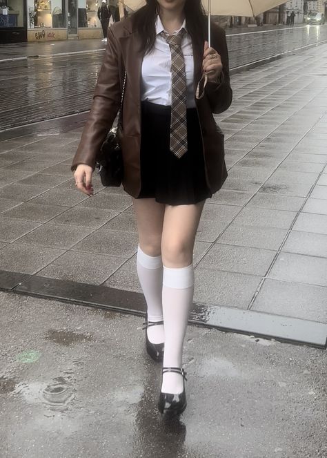 White Socks Mary Janes, Black Heels White Socks, Black Heels With White Socks, Brown Socks Outfit, Brown Uniform Aesthetic, White Socks Black Shoes, High Heel Mary Janes Outfit, High White Socks Outfit, Black Mary Jane Heels Outfit