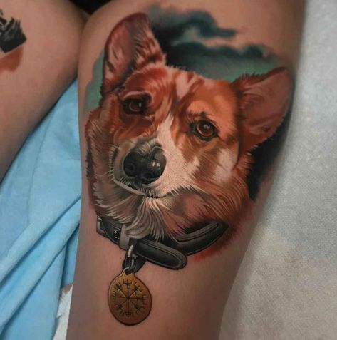 Corgi Tattoo, Dog Portrait Tattoo, Portrait Realistic, Color Portrait, Creative Fashion Photography, Ocean Tattoos, Realistic Tattoo, Realism Tattoo, Colorful Portrait