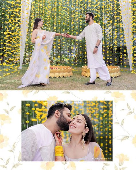 Haldi White Outfit For Bride, White Haldi Outfit, Haldi Poses For Couple, Haldi Outfits For Bride, Haldi Look For Bride, Haldi Photos, Outfits For Bride, White Bridal Lehenga, Haldi Poses