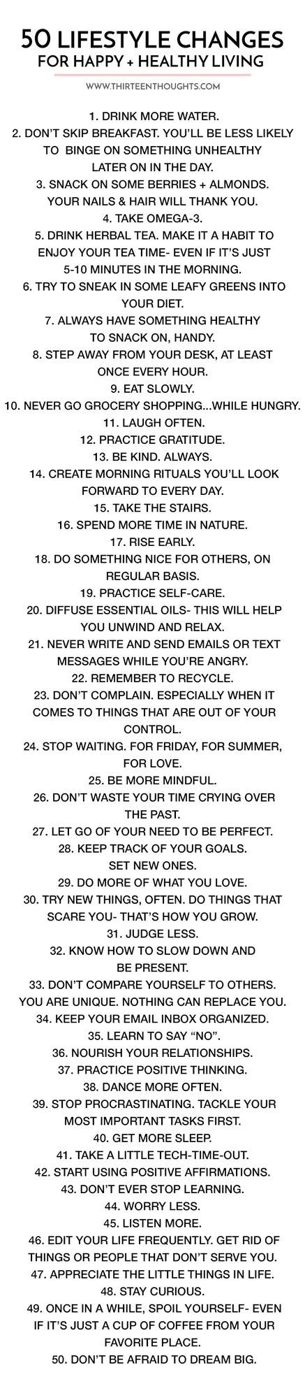 50 Lifestyle Changes for Happy + Healthy Living Very often, it’s those small lifestyle changes that can make a difference and really transform your life. Things like practicing gratitude- that’s somet Daglig Motivation, Tenk Positivt, Life Mantras, Business Lifestyle, Daily Reminders, Happy Healthy, Healthy Mind, Lifestyle Changes, Healthy Happy