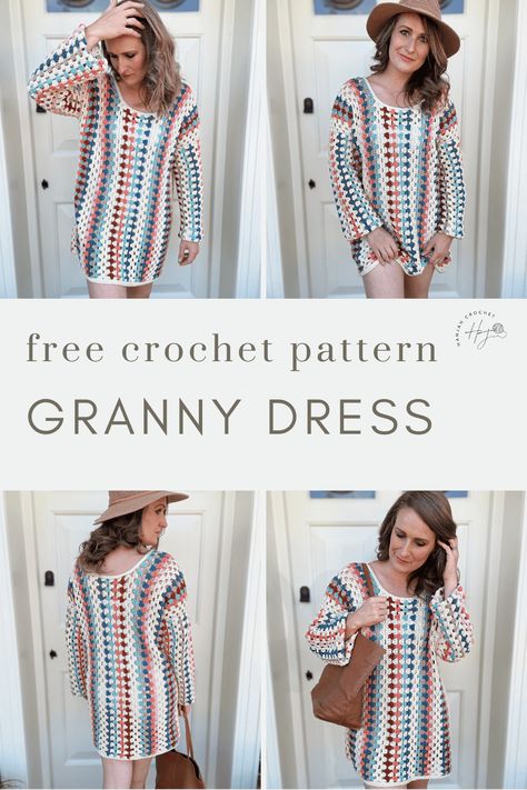 Crocheted Dresses For Women Free Pattern, Crochet Maxi Dress Pattern Free Easy Diy, Wearable Crochet Projects, Crochet Christmas Sweater Pattern Free, Granny Square Top Crochet Pattern Free, Free Crochet Clothing Patterns, Crochet Granny Dress, Crochet Granny Square Clothes, Granny Square Dress Pattern