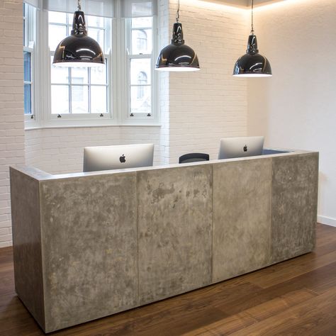 Cement Reception Desk, Reception Desk Ideas Office, Diy Reception Desk, Receptionist Desk Design, Concrete Reception Desk, Concrete Reception, Industrial Reception Desk, Industrial Reception, Concrete Desk