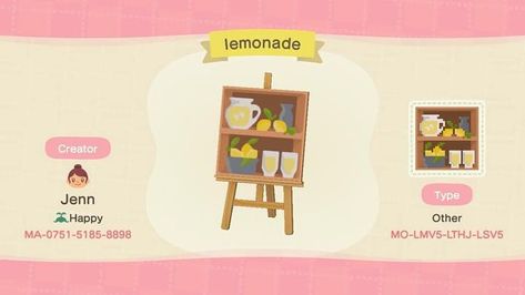 Acnh Cafe Sign Designs, Acnh Design Codes Stall, Acnh Cottagecore Stall Designs, Lemonade Stand Acnh, Acnh Lemonade Stall, Acnh Lemonade, Animal Crossing Lemonade Stand, Lemonade Sign, Smoothie Shop