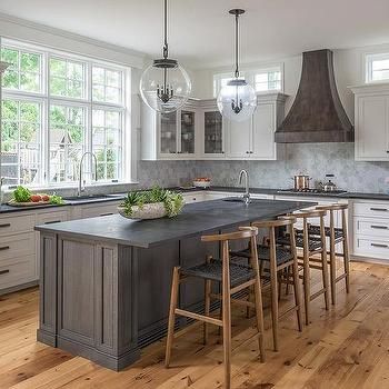 Dark Gray Oak Island with Honed Black Countertops Island Black Countertop, Dark Island, Black Countertop, Gray Island, Inset Cabinetry, Kitchen Transitional, Dark Countertops, Black Countertops, Grey Countertops