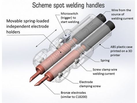 Spot Welder Handle ZBU-4.2 with the start button. Floating electrode holder. by zbuker - Thingiverse Magnetic Energy, Stirling Engine, Welding Electrodes, Spot Welder, Welding Tips, Diy Tech, Electronics Basics, Start Button, Induction Heating