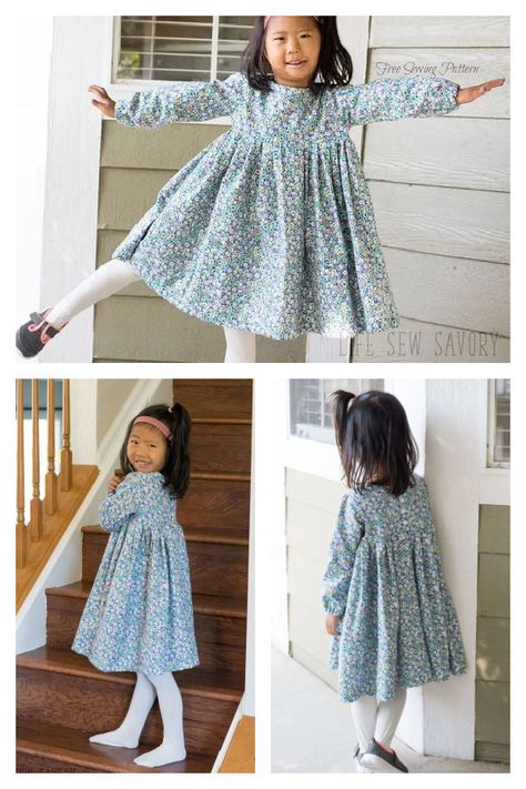 Little Girl's Long Sleeve Sweet Rose Dress Free Sewing Pattern Childrens Clothes Sewing Patterns Free, Free Childrens Sewing Patterns, Toddler Dress Pattern Free Sewing, Girls Long Sleeve Dress Pattern, Sewing Patterns Free Kids, Toddler Dress Pattern Free, Free Dress Sewing Patterns, Hand Sewing Clothes, Girls Sewing Patterns Free