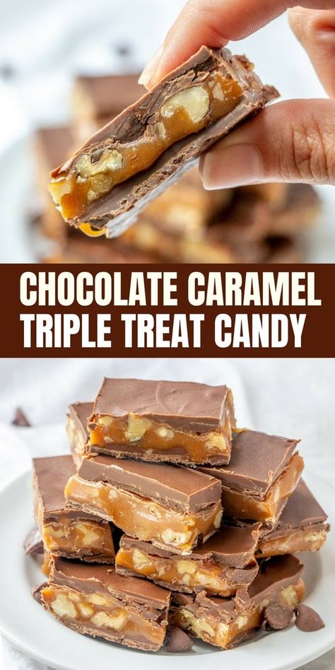 Triple Treat Chocolate Caramel Candy Bars are a delicious medley of chocolatey, chewy and crunchy! They're easy to make and the ultimate sweet treat holiday gift giving. Chocolate Caramel Candy, Crunchy Caramel, Potluck Desserts, Holiday Sweets, Candy Recipes Homemade, Caramel Candy, Oreo Dessert, Candy Chocolate, Homemade Candies