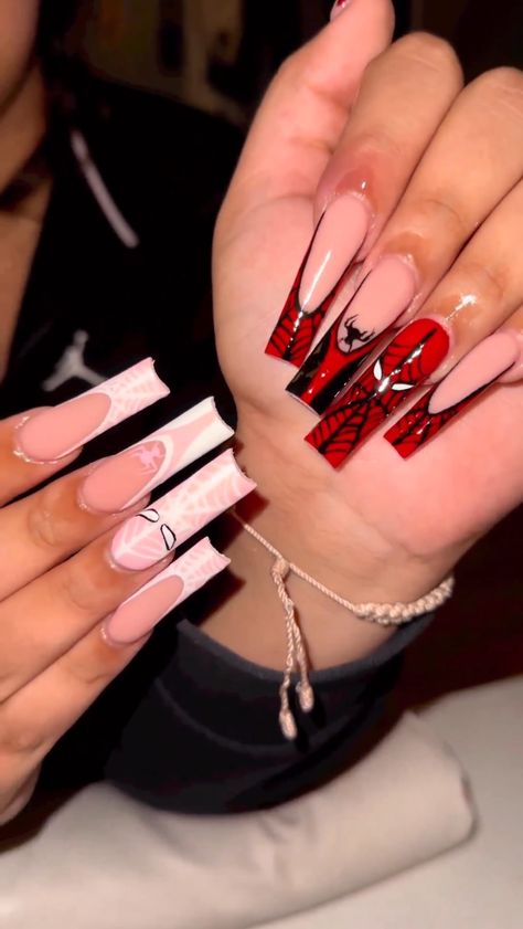 444 Nails Acrylic, 444 Nails, Spider Man Nails, Nails Short Acrylic, Acrylic Nails Short, Short Coffin Nails Designs, Acrylic Nails Designs, Red And White Nails, Tapered Square Nails