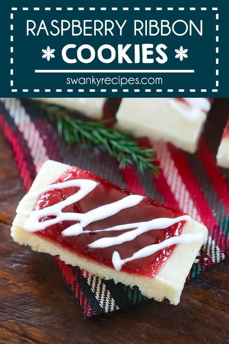 Ribbon Cookies - Sugar cookie ribbons filled with raspberry jam and icing. An easy and tasty Christmas cookie recipe to make for the holidays. Holiday Desert Recipes, Holiday Recipes Christmas Desserts, Ribbon Cookies, Icing Glaze, Christmas Cookie Exchange Recipes, Christmas Cookie Recipes Holiday, Cookie Exchange Recipes, Christmas Cookie Recipe, Raspberry Cookies