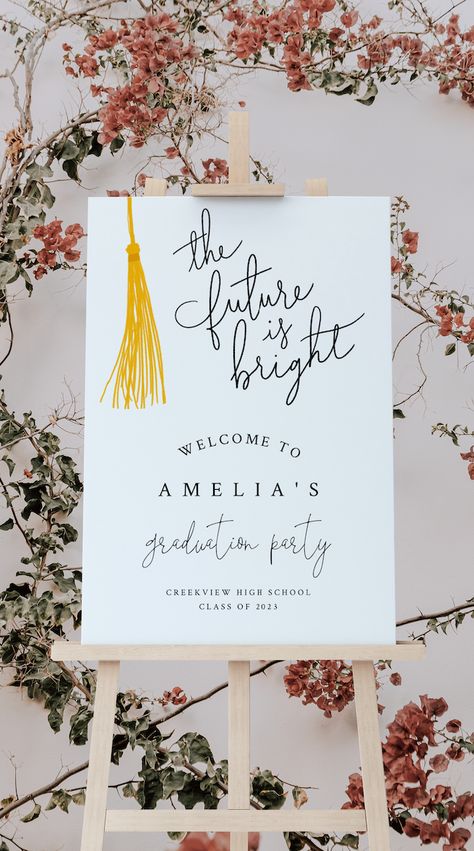 The perfect graduation party welcome sign featuring illustration of a yellow tassel with a typography text that says "the future is bright." Graduation Party Welcome Sign, The Future Is Bright, Future Is Bright, Party Welcome Sign, Party Sign, Blue Tassel, Graduation Party Invitations, Graduation Party Decor, Graduation Announcements