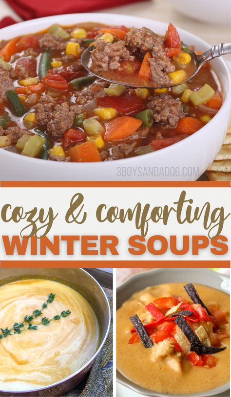 Comforting Winter Soups is calling my name! Once that cold weather starts, all I want is a bowl of soup! This list of soups is awesome! #souprecipes #homemadesoup #easysouprecipes #3boysandadog List Of Soups, Slow Cooker Hamburger Soup, Homemade Stuffed Peppers, Steak And Potato Soup, Winter Soup Recipes, Easy Tomato Soup Recipe, White Bean Soup Recipes, Sweet Potato Soup Recipes, Winter Soup Recipe