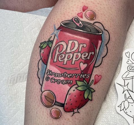 Girly Pop Tattoo, Soda Can Tattoo, Peppermint Butler Tattoo, Pepsi Tattoo, Dr Pepper Tattoo, Soda Tattoo, Candy Tattoo Ideas, Girly American Traditional Tattoo Ideas, Sugar Tattoo