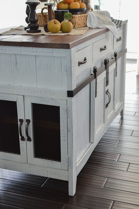 Brick Wall and Farmhouse Kitchen Island Reveal (Kitchen Makeover Part 1) Rustic Farmhouse Kitchen Island With Seating, Kitchen Island With Barn Doors, Barn Door Kitchen, Diy Brick Wall, Island Makeover, Country Kitchen Island, Kitchen Island Makeover, Stool Makeover, White Barn Door