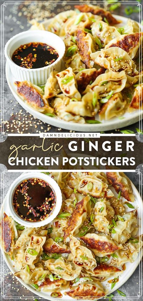 GARLIC GINGER CHICKEN POTSTICKERS, appetizer recipes, chicken recipes Chicken Potstickers Recipe, Homemade Potstickers, Chicken Potstickers, Garlic Ginger Chicken, Potstickers Recipe, Flavorful Meals, Ginger Chicken, Asian Inspired Recipes, Party Appetizer