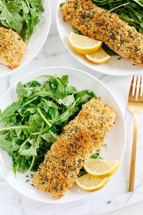 Hummus Crusted Salmon with Lemon Arugula Salad Lemon Arugula Salad, Baba Ganush, Salmon Baked, Julia Childs, Salmon With Lemon, Healthy Weeknight Meals, Crusted Salmon, Healthiest Seafood, Arugula Salad