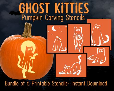 This listing is to immediately receive these 6 cute little ghost cat stencils that you can print in whatever sizes you need, as many times as you want!  * Digital File only. No physical product is mailed or shipped.  ORDERING With your purchase you will also get instructions on how to use the stencils and 2 ways to transfer the design to your pumpkin.  Please do not hesitate to reach out to me if you have any questions at all! I am excited and dedicated to helping you make this the coolest pumpk Ghost Cat Pumpkin Carving, Ghost Pumpkin Stencil, Cat Pumpkin Carving Ideas, Pumpkin Carving Ideas Cat, Pumpkin Carving Cat, Cat Stencils, Cat Pumpkin Stencil, Pumpkin Carving Template, Pumpkin Carving Pattern