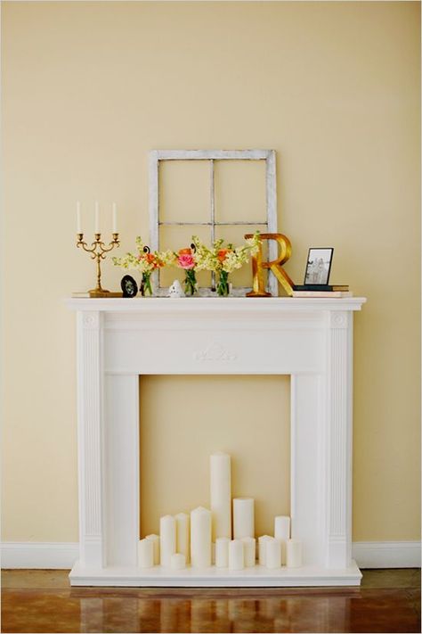 Faux Fireplace Ideas and Projects • Lots of Ideas and Tutorials! Including, from 'the wedding chicks', this simple but beautiful faux fireplace. Diy Fireplace Mantel, Fake Fireplace, Faux Fireplace Diy, White Fireplace, Faux Fireplace, Diy Fireplace, Shabby Chic Wedding, Fireplace Mantel, Shabby Vintage