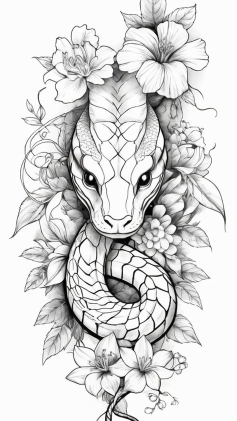 #CoolTattoos #TattooArt #InkMaster #TattooDesigns #InkedUp #TattooLovers #InkInspiration #TattooIdeas #CreativeInk #TattooStyle Snake Tattoo Drawing Design, Snake Tattoo Design Draw, Desenho Cobra Tattoo, Cool Tattoo Designs, Snake And Flower Tattoo Stencil, Cobra And Flowers Tattoo, Petit Tattoo, Snake Tattoo Design, Tattoo Outline Drawing