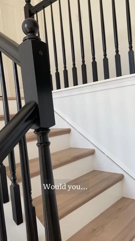 Painted Stair Railings, Black Stair Railing, Wood Railings For Stairs, Stair Railing Makeover, Black Staircase, Stairs Renovation, Black Stairs, Stair Banister, Stair Makeover