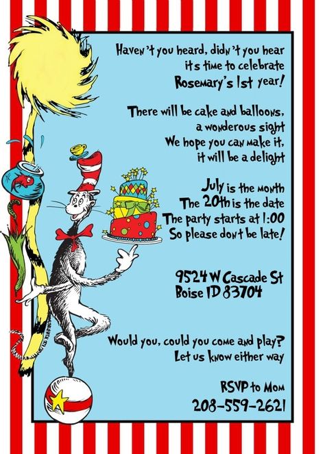 The Birthday Invitation Dr Seuss Invitations, Cat In The Hat Birthday, Doctor Suess Birthday, Dr Seuss Party Ideas, Hat Birthday Party, Cat In The Hat Party, Dr Seuss Birthday Party, Seuss Party, Dr Seuss Birthday