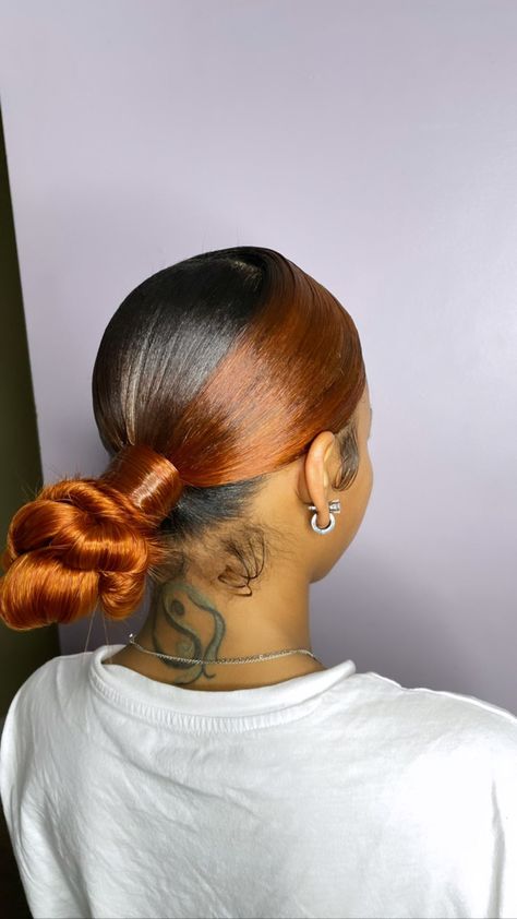 Copper Ponytail Black Women, Women Dyed Hair, Black Women Dyed Hair, Skunk Dye, Copper Ponytail, Ponytails Ideas, Ponytail Black Women, Ponytail Hairstyles For Black Women, Weave Ponytail Hairstyles