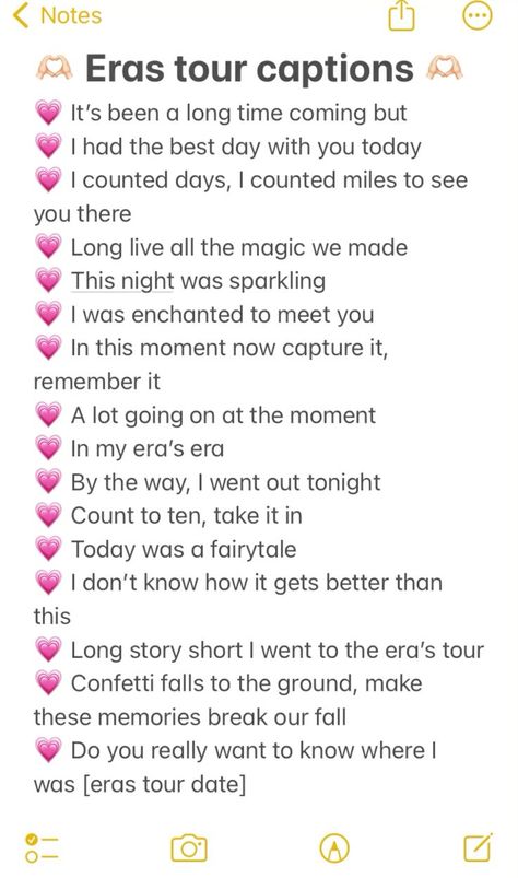 Taylor Swift Birthday Captions Instagram, Going To The Eras Tour, Eras Your Captions, Eras Tour Lyric Outfits, Eras Your Set List, Eras Tour Chants List, Eras Captions, Taylor Swift Concert Captions Instagram, Eras Tour Surprise Songs Tracker