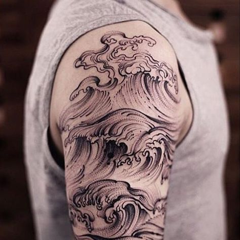 Wave Tattoo Sleeve, Sea Tattoo Sleeve, Yakuza Style Tattoo, Ocean Wave Tattoo, Wellen Tattoo, Ocean Sleeve, Wave Tattoo Design, Quarter Sleeve Tattoos, Sea Tattoo