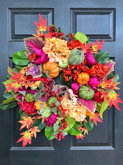 Autumn Tablescapes, Elegant Fall Wreaths, Decorative Doors, Door Art, Christmas Front Porch, Faux Pumpkins, Magnolia Leaves, Spring Wreaths, Wreath Decoration