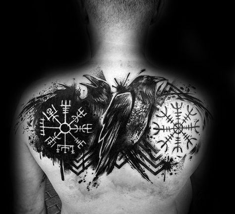 Awesome Black Crow Paint Splatter Viking Compass Mens Back Tattoos Runes Tattoo, Viking Compass Tattoo, Simbols Tattoo, Rabe Tattoo, Viking Tattoo Symbol, Viking Tattoo Sleeve, Vikings Tattoo, Buddha Tattoos, Rune Tattoo