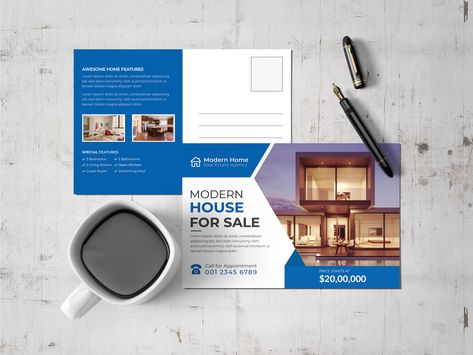 Professional Real Estate and Modern Home Sale Postcard Design Template Real Estate Post, Post Card Design, Postcard Layout, Realtor Postcards, Business Postcards, Real Estate Postcards, Modern Homes For Sale, Modern Postcard, Card Photography