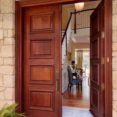 Front Door Designs Design Ideas, Pictures, Remodel, and Decor - page 2 Wooden Double Front Doors, Deur Makeover, Pintu Ganda, Double Front Entry Doors, Double Door Entryway, Wooden Double Doors, Arsitektur Art Deco, Traditional Front Doors, Double Doors Exterior