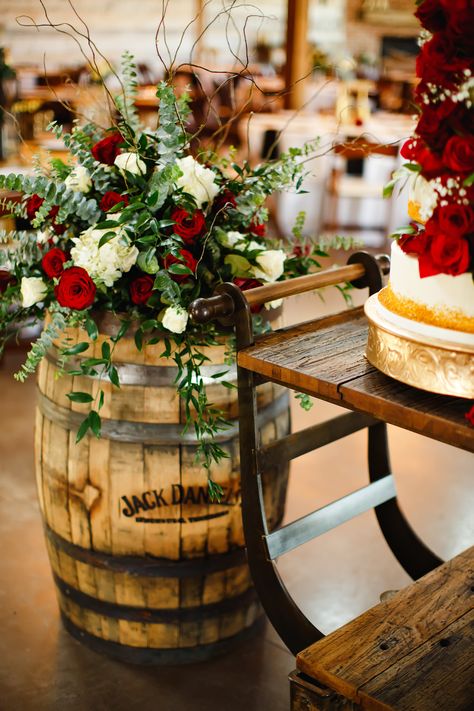 Wedding flower arrangement whiskey barrel Barrel Flower Arrangements, Whiskey Barrel Flowers, Wedding Flowers Arrangements, Barrel Wedding Decor, Barrel Flowers, Elegant Wedding Colors, Whiskey Barrel Wedding, Wedding Cake Setting, Barrel Wedding