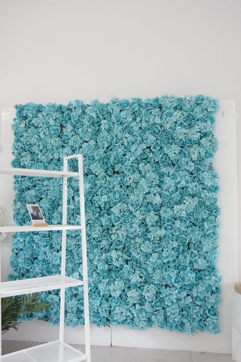 India hot sale simulation hydrangea and rose mix flower wall supplier Tiffany Blue Flower Wall, Blue Lash Room Decor, Tiffany Blue Office, Tiffany Blue Party Decorations, Makeup Studio Design, Blue Office Decor, Tiffany Blue Flowers, Lash Room Ideas, Sweet 15 Party Ideas Quinceanera