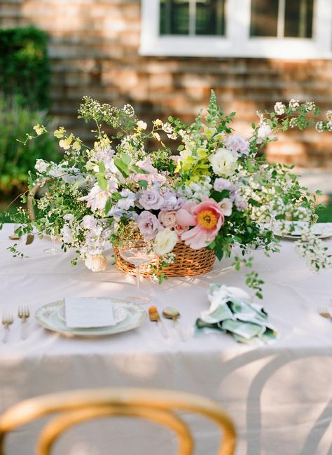 Bridal Shower Table Flower Arrangements, Flowers In Baskets Wedding, New England Garden Wedding, Wedding Flower Pots, Hampton’s Wedding, Garden Coastal Wedding, White And Pastel Floral Arrangement, Wall Of Roses, Botanica Wedding