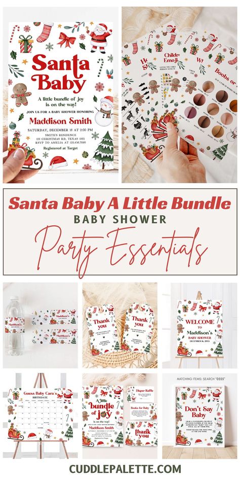 Treat your guests to a Christmas fantasy with our Santa Baby A Little Bundle Baby Shower Party Essentials. Flip through our Christmas-themed collection of invitations, party decors, and games to make your baby shower an extraordinary one. Click through and start planning! Santa Baby Baby Shower Theme Food, December Baby Shower Themes Girl, Baby Shower Christmas Theme Girl, Santa Baby Shower Theme, Christmas Baby Shower Centerpieces, Santa Baby Baby Shower Theme Decorations, Santa Baby Shower Ideas, December Baby Shower Themes, Santa Baby Baby Shower Theme