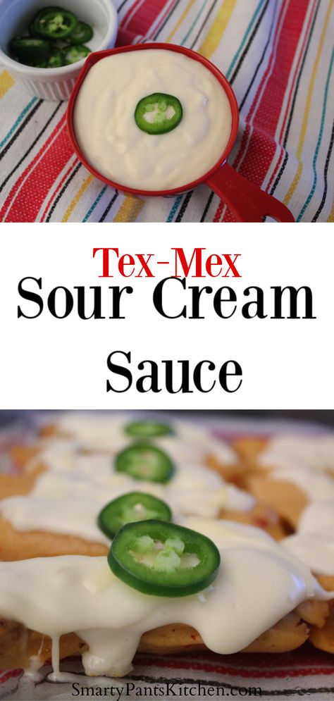 Restaurant-quality! Creamy, tangy Tex-Mex Sour Cream sauce is perfect with enchiladas, tamales, fajitas, tacos or just add a dollop on your black beans! Ready in under 15 minutes! Fajita Cream Sauce, Sour Cream Drizzle For Tacos, Sour Cream Sauce Recipe, Sour Cream Cheese Sauce, Sour Cream For Tacos, Sour Cream Sauce For Tacos, Sour Cream Sauce For Enchiladas, Flavored Sour Cream, Sour Cream Enchilada Sauce