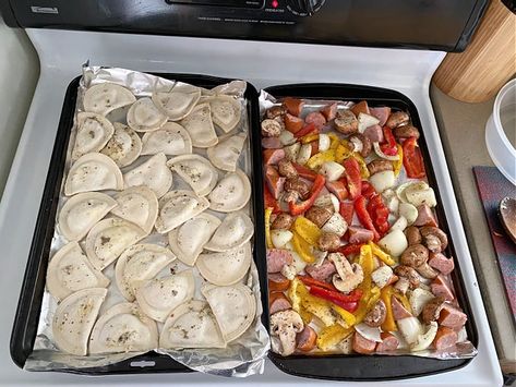 Sheet Pan Sausage And Perogies, Kielbasa And Pierogies Sheet Pan Meal, Sheet Pan Perogies, Pierogi Sheet Pan Dinner, Perogie Sheet Pan, Sheet Pan Perogies And Sausage, Sheet Pan Pierogies And Sausage, Pirogies Recipes, Sheet Pan Pierogies