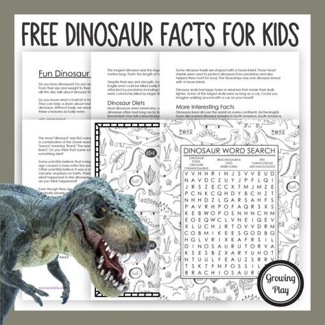 Fun Dinosaur Facts for Kids - Growing Play Dinosaur Facts For Kids, Dinosaur Printable, Dinosaur Facts, Dinosaur Age, Fun Facts For Kids, Dinosaur Puzzles, Dinosaur Printables, Largest Dinosaur, Dinosaur Activities