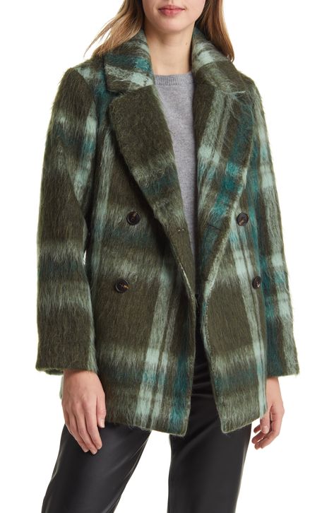 Halogen® Brushed Plaid Peacoat available at #Nordstrom Gloves For Winter, Plaid Peacoat, Winter Outdoors, Elegant Blazers, Winter Plaid, Coat For Women, Plaid Coat, Double Breasted Jacket, Winter Coats Jackets