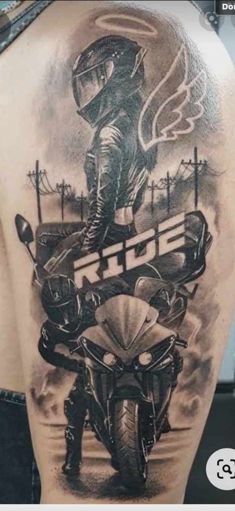 Motorbike Tattoo Design, Biker Sleeve Tattoo, Bike Tattoos For Men, Bike Life Tattoo, Bike Tattoo Motorcycles, Motorbike Tattoos, Motorbike Tattoo Ideas, Biker Tattoo Design, Motorcycle Tattoo Designs