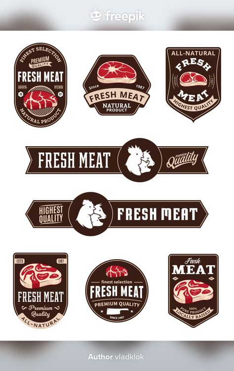 Meat store labels with steak and farm animals icons Premium Vector Meat Label Design, Meat Logo Design Ideas, Meatshop Logo, Meat Shop Logo Design, Carnicerias Ideas Logos, Meat Logo Design, Steak Logo, Meat Branding, Meat Drawing