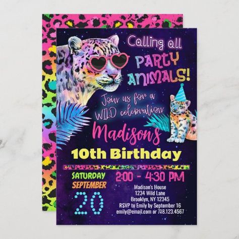 $3.03 | Rainbow Leopard Party Animal Birthday invitation #rainbow leopard birthday invitation girl, cheetah pattern birthday invitations, party animals birthday invitation, girls party animals birthday invitation, party animals invitation for girl, leopard birthday party invitation, rainbow party animals invitation, girls party animals invitation, cute cheetahs birthday invite, colorful leopard pattern birthday invite Neon Leopard Birthday Party, Lisa Frank Birthday Party Invitations, Rainbow Cheetah Birthday Party, Lisa Frank Party Ideas, Fourever Wild, Lol Birthday Party, Leopard Birthday Party, Cheetah Birthday Cakes, Lisa Frank Party