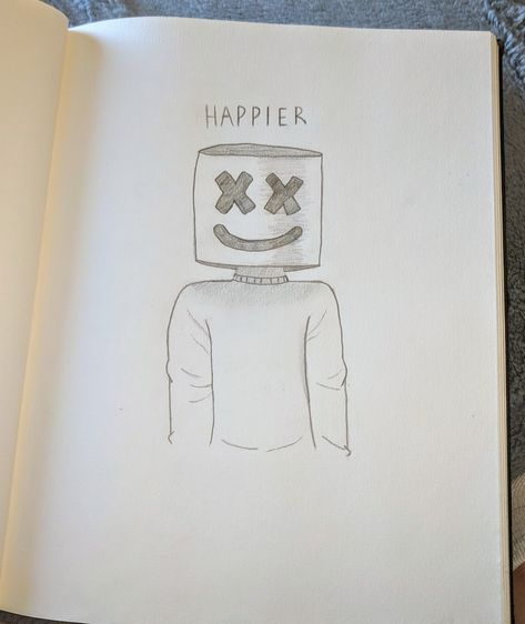 Marshmello "Happier" drawing pencil Marshmello Drawing Pencil Easy, Marshmello Drawing, Happy Drawing Ideas, Songs Drawing, Drawing Ideas Pencil, Learning Painting, Disney Character Drawings, Character Drawings, Funny Paintings