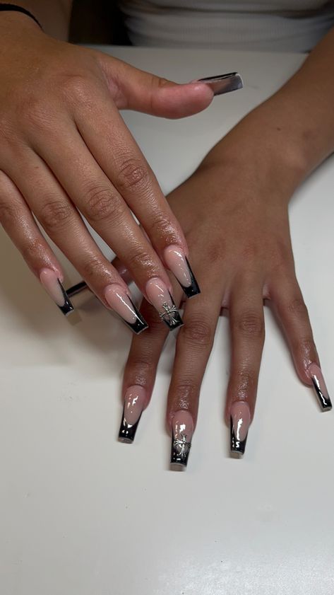 Black French Tips With Cross Charms, Almond Nails With Cross Charm, Black French Tip Nails With Cross, Crosses On Nails, Black Nails With Cross Charm, Black French Tip Chrome, Black And Silver Chrome Nails, Chrome And Black Nails, Chrome Cross Nails