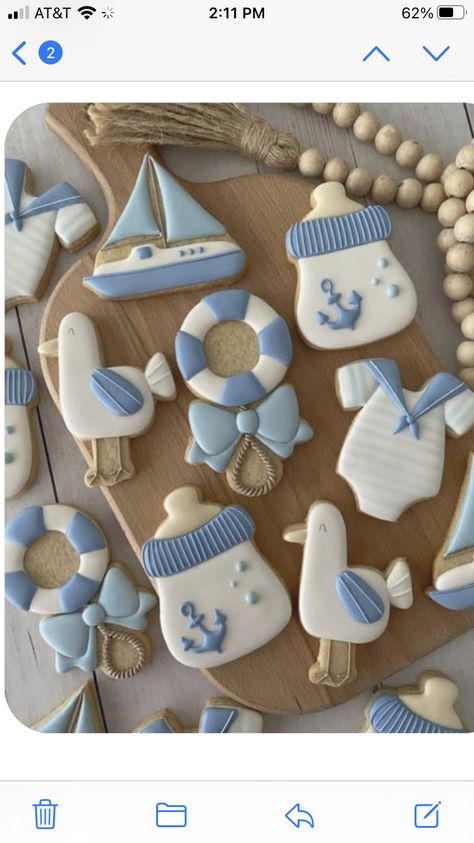 Ahoy It’s A Boy Cookies, Ahoy Its A Boy Cake, Nautical Baby Shower Cookies, Ahoy Its A Boy Baby Shower Ideas, Sailor Baby Shower Theme, Baby Shower Cookies For Boy, Fondant Biscuits, Decorator Cookies, Nautical Cookies