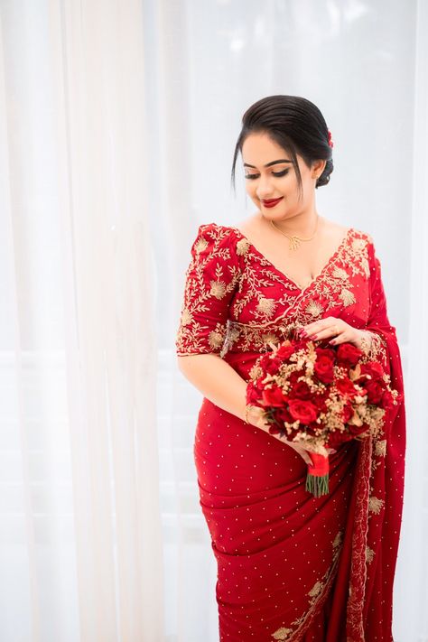 Red Saree Bridesmaid, Bridal Saree Sri Lankan, Blouse Designs For Plus Size Women Saree, Saree Jacket Back Designs, Plus Size Blouse Designs Indian, Plus Size Saree, Christian Wedding Dress, Red Saree Wedding, Christian Wedding Gowns