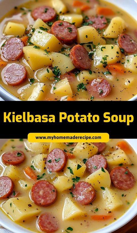 This Kielbasa Potato Soup is a creamy, hearty comfort food! Loaded with tender potatoes and savory kielbasa, it’s perfect for a filling meal on a cold day. Keilbasa Recipes Soup, Kielbasa Sausage Soup Recipes, Kielbasa And Potato Soup, Crockpot Potato Kielbasa Soup, Kielbasa Potato Soup Crock Pot, Kielbasa Soup Crockpot, Kalbasa Soup Recipe, Kielbasa And Potatoes Soup Crockpot, Kabasa Potatoe Soup