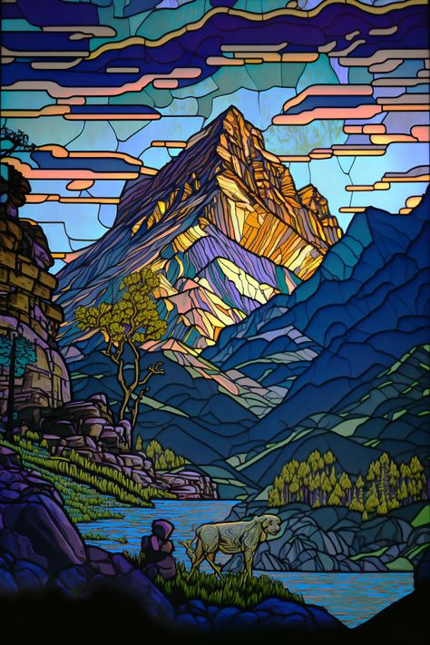 Majestic Glow creates a visual wonder of mountains illuminated during a sunrise/sunset, with the river and valley below dimly lit in mystery. A lone otherworldly animal is seen by the river. Checkout my website in my bio for more of my artworks, marketplace & social links. 🤟 Mosaic Mountains, Mountain Mosaic, Barton Springs, Middle School Art Projects, Glass Window Art, Glass Inspiration, Mosaic Pictures, Mosaic Ideas, Glow Foundation