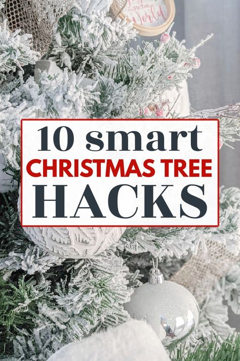 Christmas Tree Hacks, Christmas Tree Decorating Tips, Woodland Christmas Tree, Christmas Tree Storage, Christmas Tree Decorating Themes, Christmas Tree Inspiration, Flocked Christmas Trees, Ribbon On Christmas Tree, Small Christmas Trees